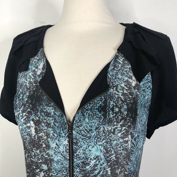 NEW Vena Cava Black Teal Printed Short Sleeve 100% Silk Sheath Dress Womens 10 - Picture 4 of 9
